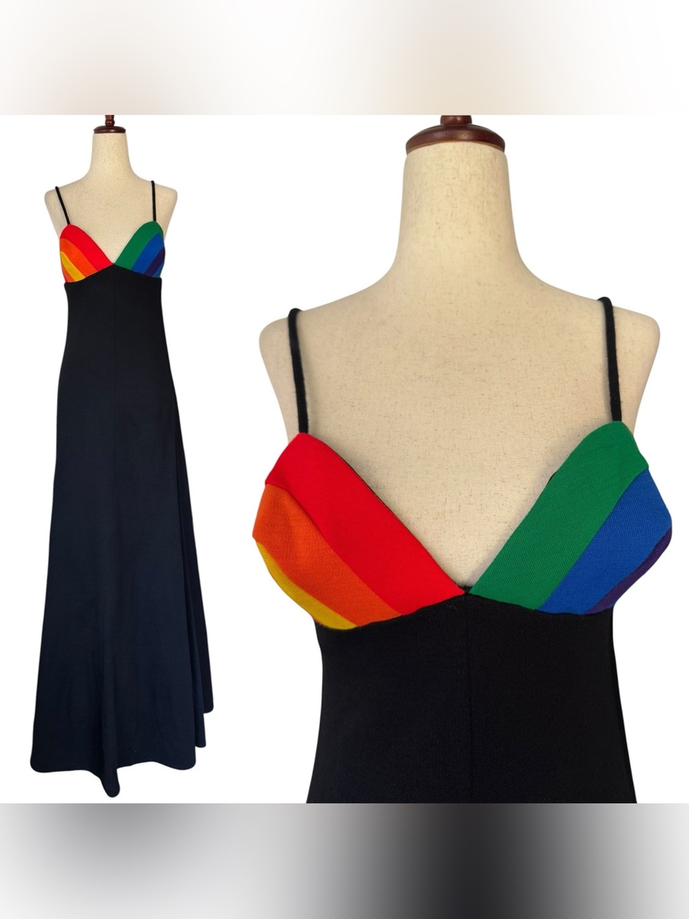 Vintage 70s Carol Paulson for Rainbow of California Black Maxi Dress Rare Mod S